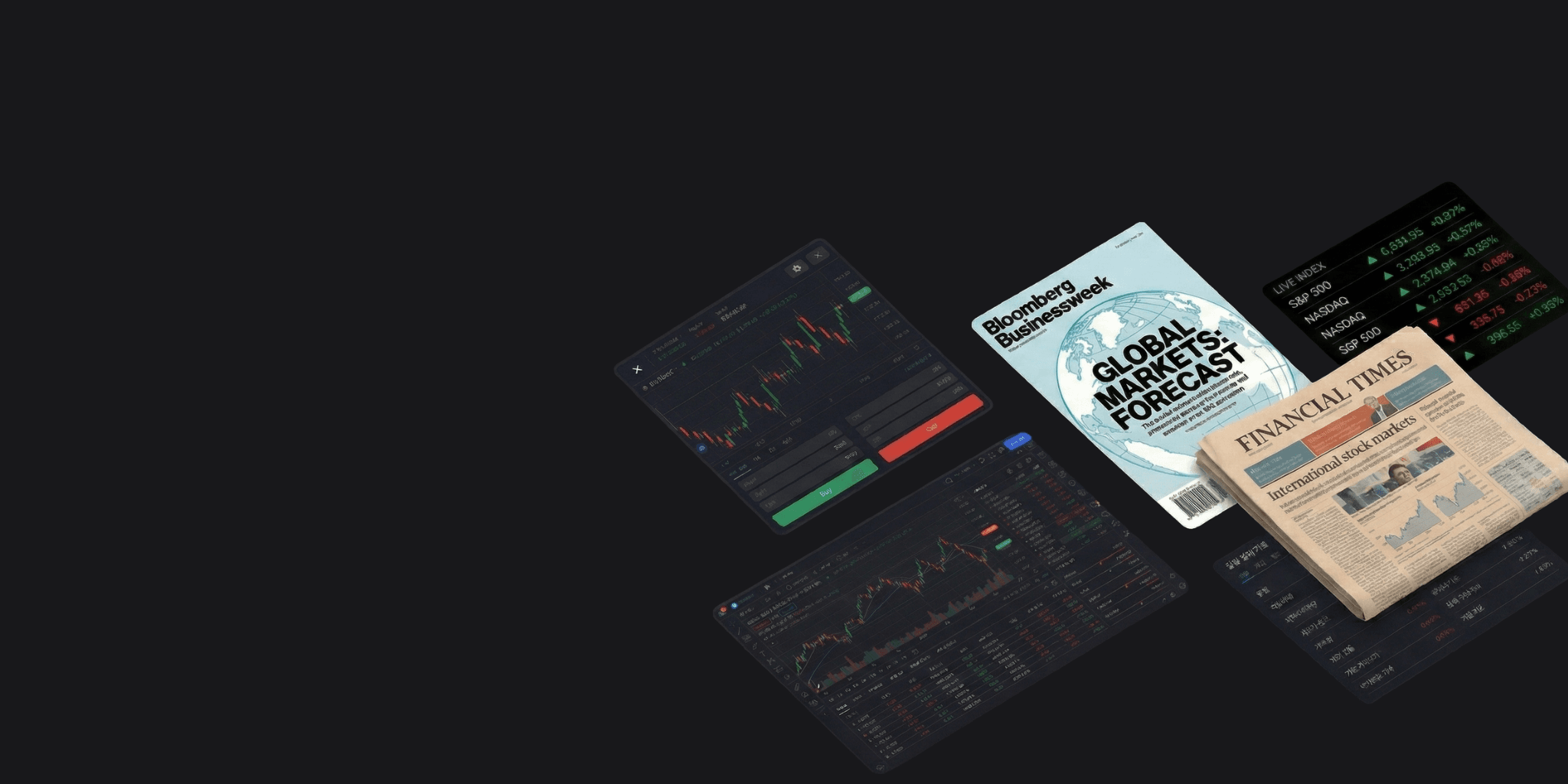 An image showing a stock trading screen and an economic publication like Bloomberg in an isometric style